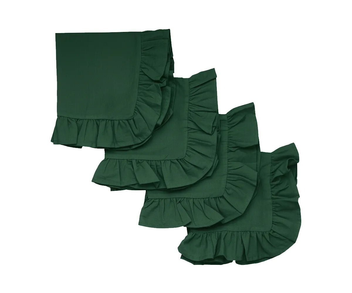 Earthy green cotton ruffle edge napkins set of 6 on dining table Earthy green cotton ruffle edge napkins set of 6 on dining table