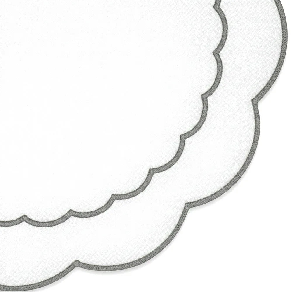 Round grey cotton placemat featuring scalloped edging and subtle peony embroidery for refined décor Round grey cotton placemat featuring scalloped edging and subtle peony embroidery for refined décor