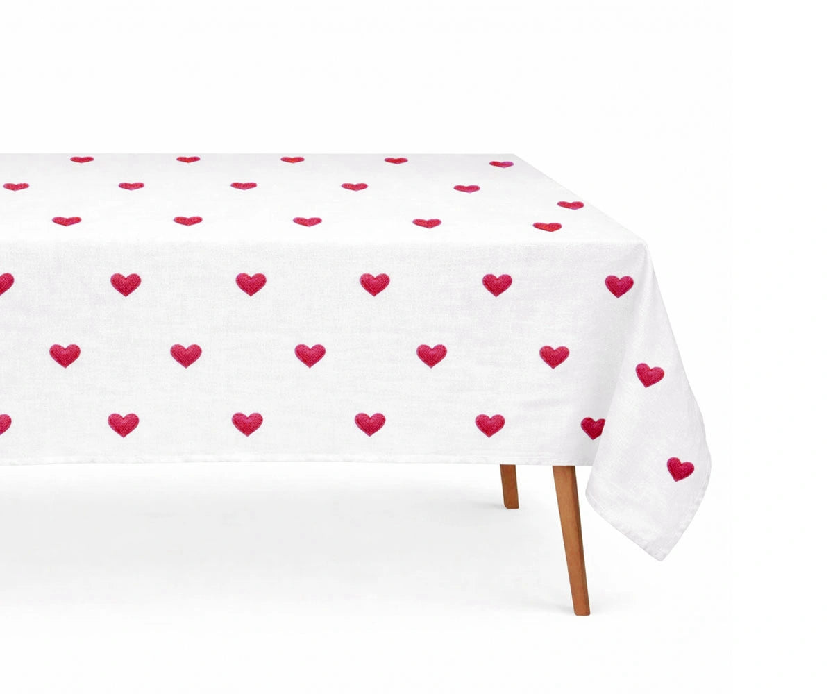 Wine red heart printed rectangle tablecloth in 100% cotton, luxury romantic table décor for Valentine’s Day and weddings Wine red heart printed rectangle tablecloth in 100% cotton, luxury romantic table décor for Valentine’s Day and weddings
