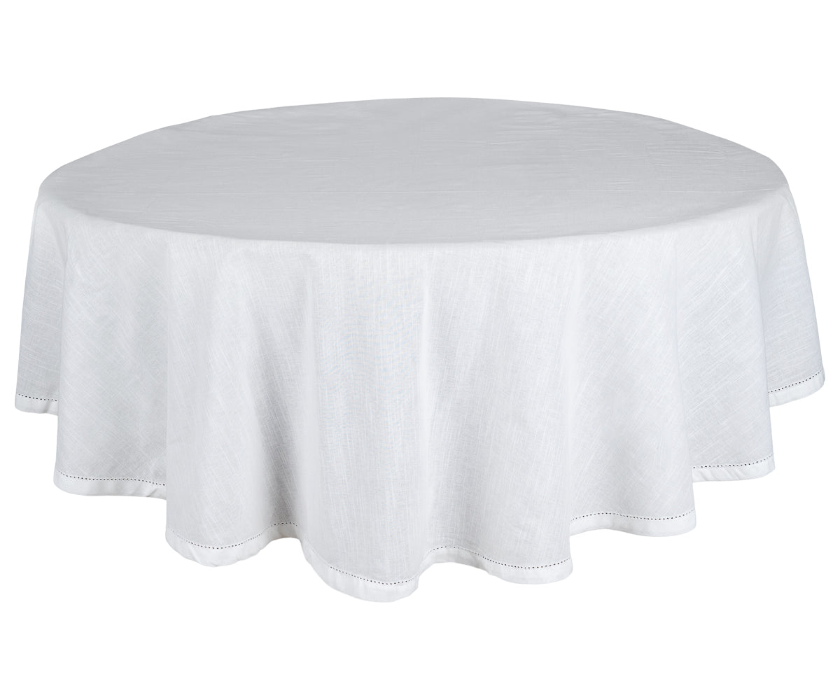 Round hemstitched tablecloth, perfect for weddings, dinner parties, or special celebrations Round hemstitched tablecloth, perfect for weddings, dinner parties, or special celebrations