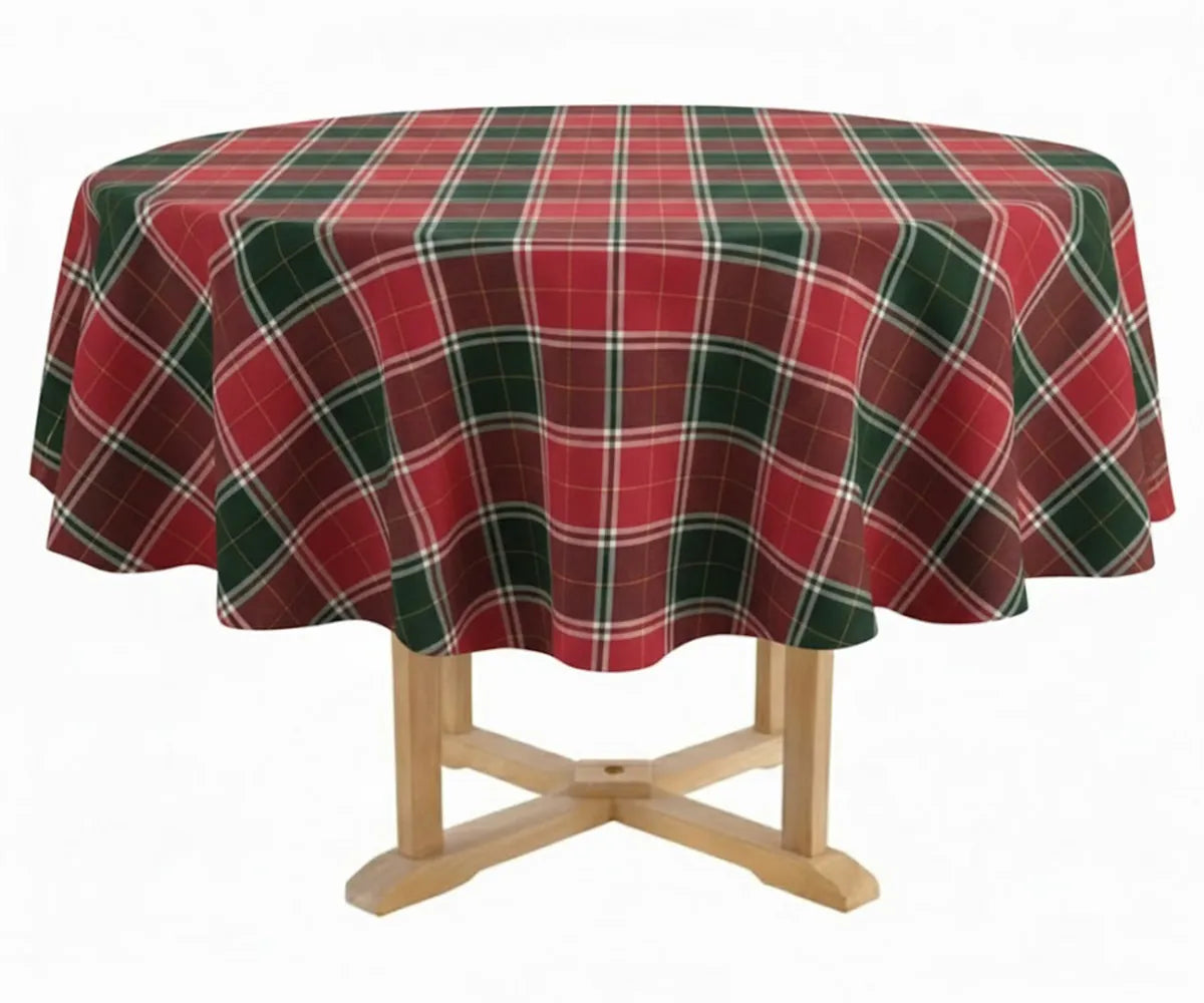 Festive red, white, and green buffalo plaid cotton tablecloth spread across a dining table, perfect for Christmas and rustic holiday décor.” Festive red, white, and green buffalo plaid cotton tablecloth spread across a dining table, perfect for Christmas and rustic holiday décor.”