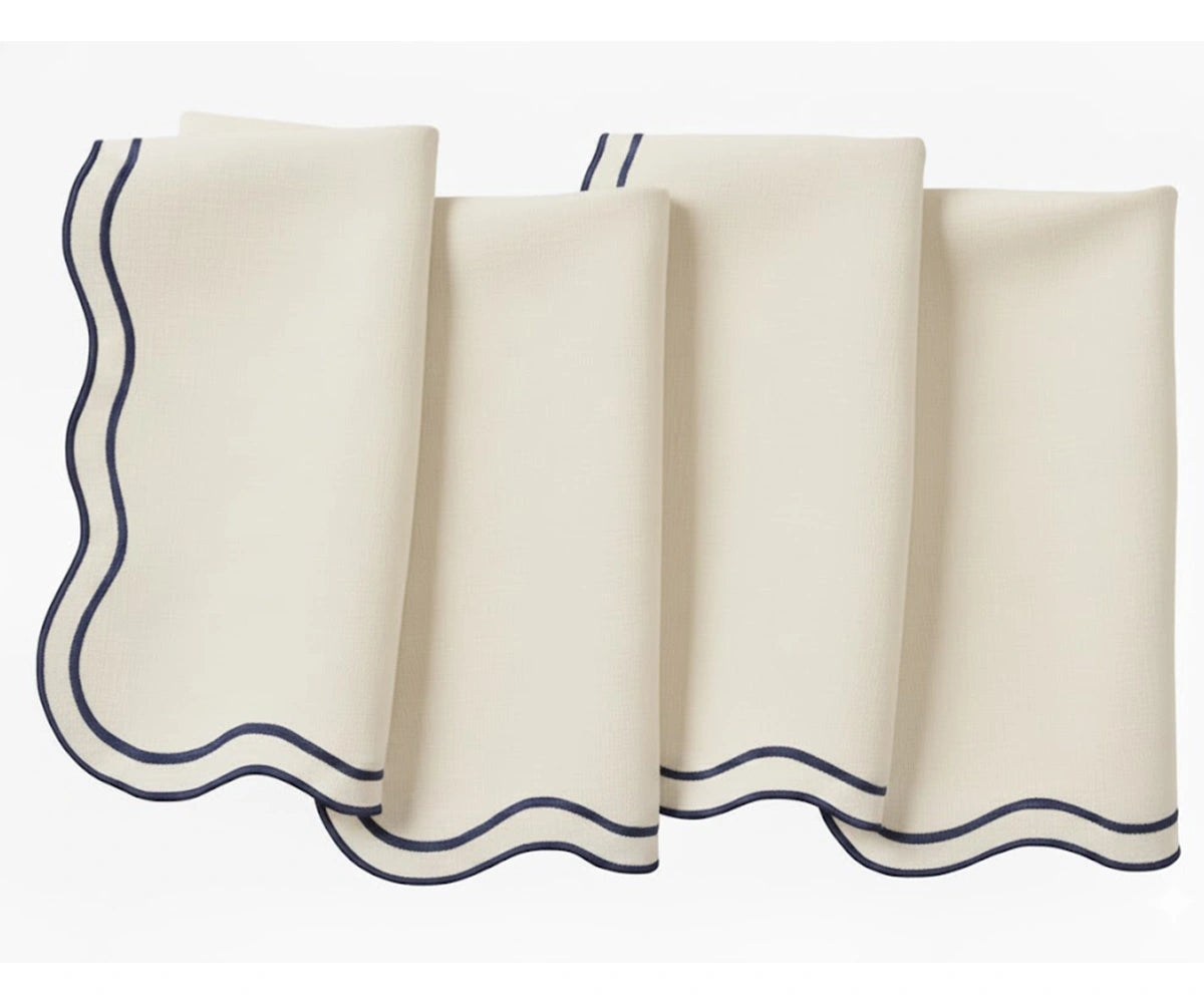 Ivory cotton scalloped napkins with navy trim, elegant reusable cloth napkins for dining table decor Ivory cotton scalloped napkins with navy trim, elegant reusable cloth napkins for dining table decor