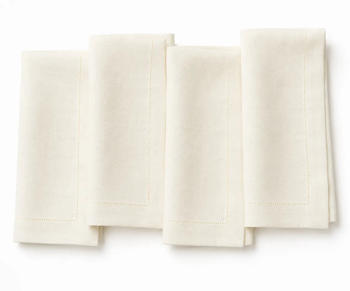 Premium linen dinner napkins with classic hemstitch detailing and mitered corners Premium linen dinner napkins with classic hemstitch detailing and mitered corners
