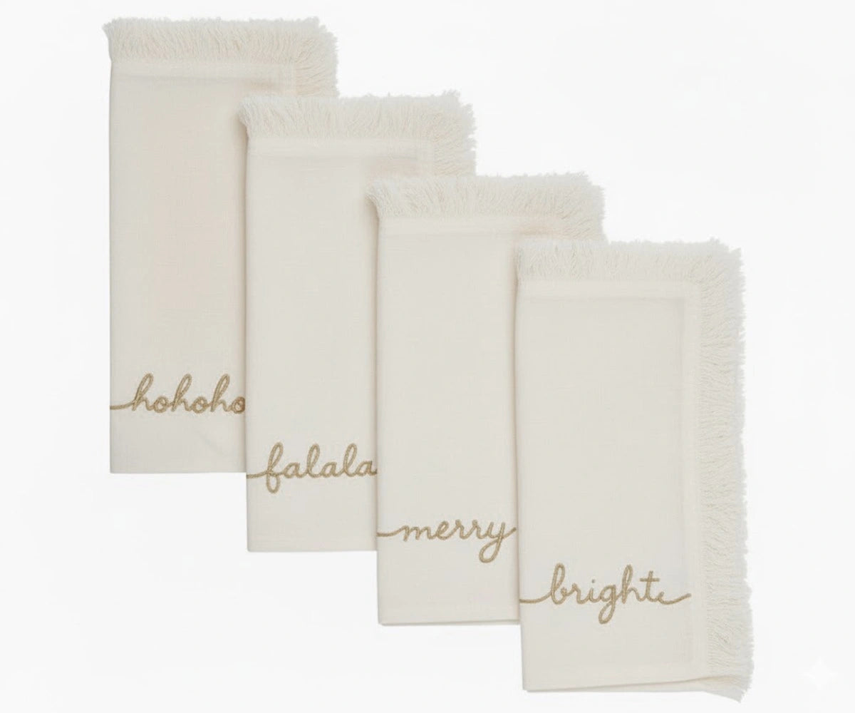 Ivory Fringe Edge Gold Embroidered Christmas Napkins – Ho Ho Ho, Fa La La, Merry & Bright Ivory Fringe Edge Gold Embroidered Christmas Napkins – Ho Ho Ho, Fa La La, Merry & Bright