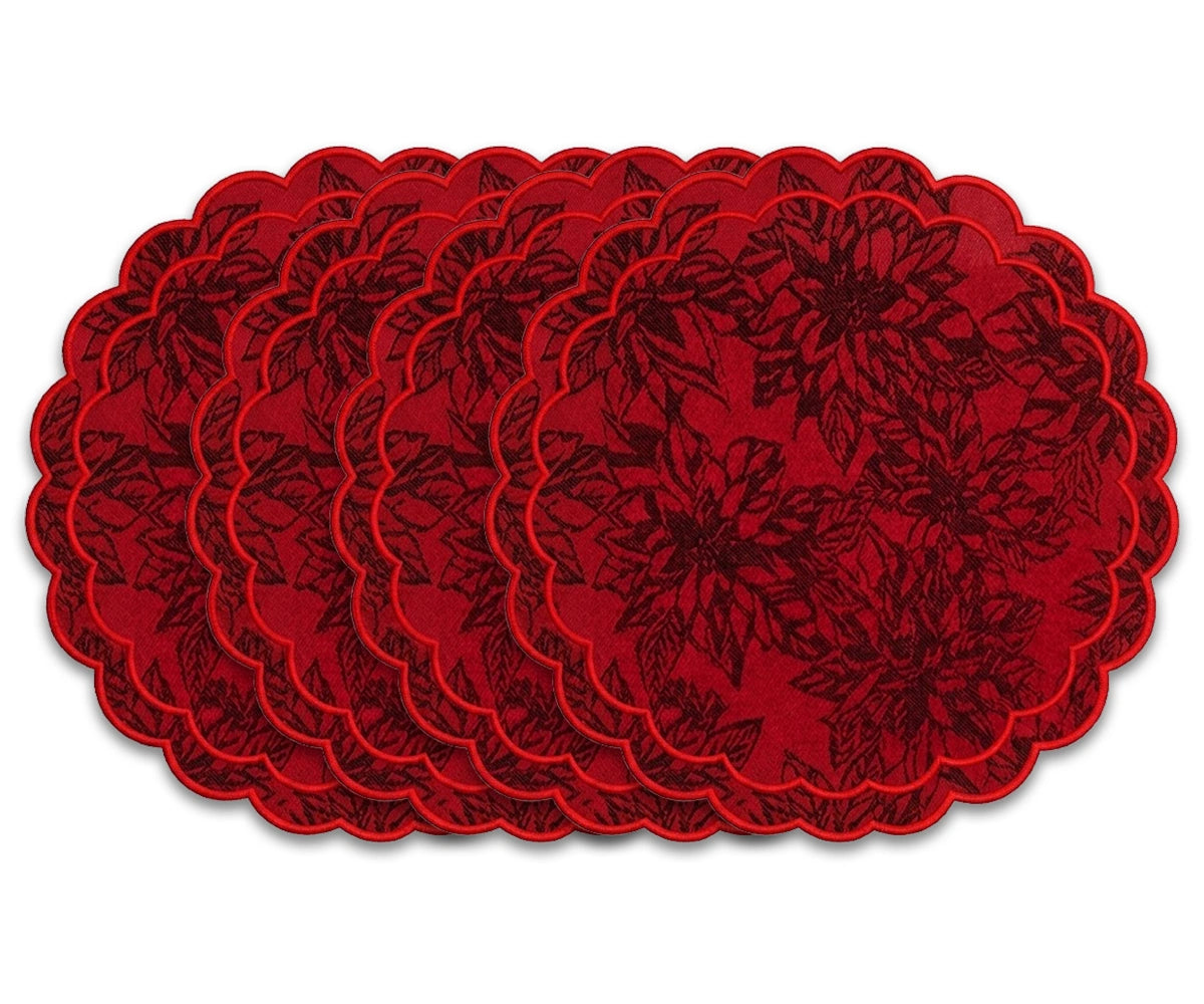 Red scalloped damask placemats set with woven floral jacquard pattern, round cotton placemats for dining table, festive table decor, holiday entertaining, and farmhouse dining. Red scalloped damask placemats set with woven floral jacquard pattern, round cotton placemats for dining table, festive table decor, holiday entertaining, and farmhouse dining.