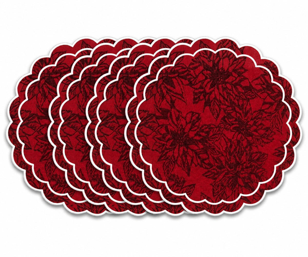 Red and white scalloped placemats crafted from cotton jacquard fabric, reusable round placemats for holiday tables, weddings, and farmhouse decor Red and white scalloped placemats crafted from cotton jacquard fabric, reusable round placemats for holiday tables, weddings, and farmhouse decor