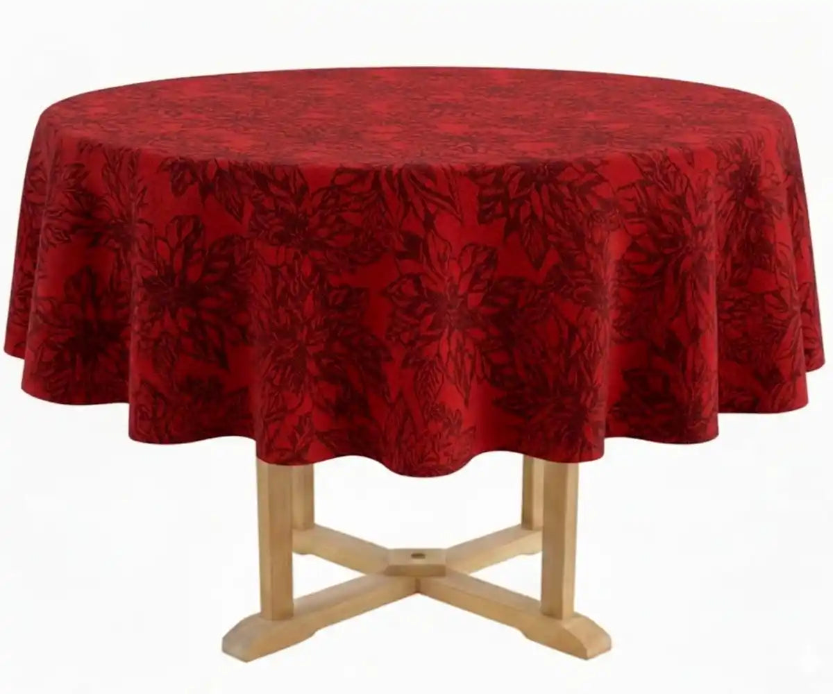 Round red floral cotton tablecloth on dining table Round red floral cotton tablecloth on dining table