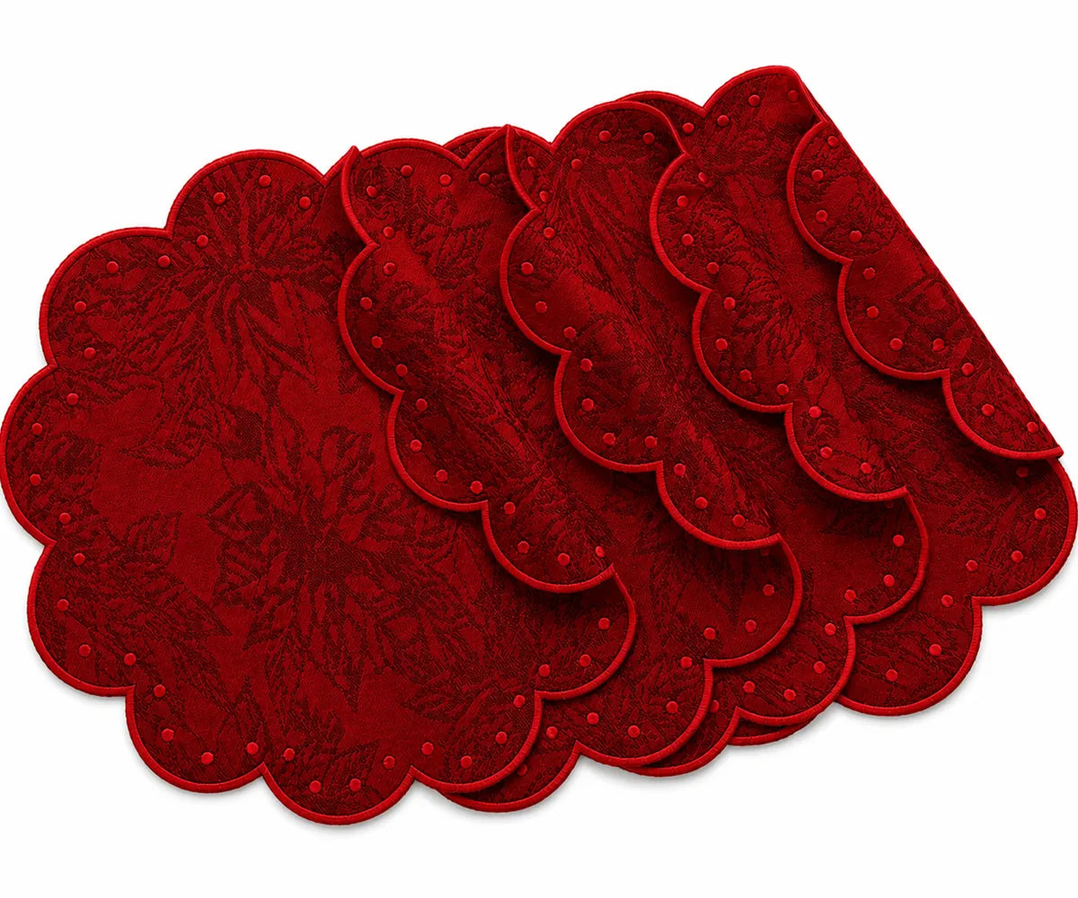 Red jacquard fabric swatch with red-and-white polka dot and black-and-white polka dot options for 100% cotton round scalloped placemats Red jacquard fabric swatch with red-and-white polka dot and black-and-white polka dot options for 100% cotton round scalloped placemats