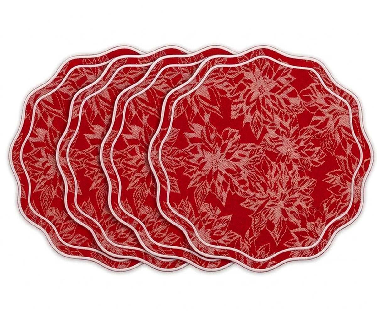 Elegant red floral damask placemats with scalloped edge, reusable cotton placemats for festive table settings, holiday dinners, and special occasions. Elegant red floral damask placemats with scalloped edge, reusable cotton placemats for festive table settings, holiday dinners, and special occasions.