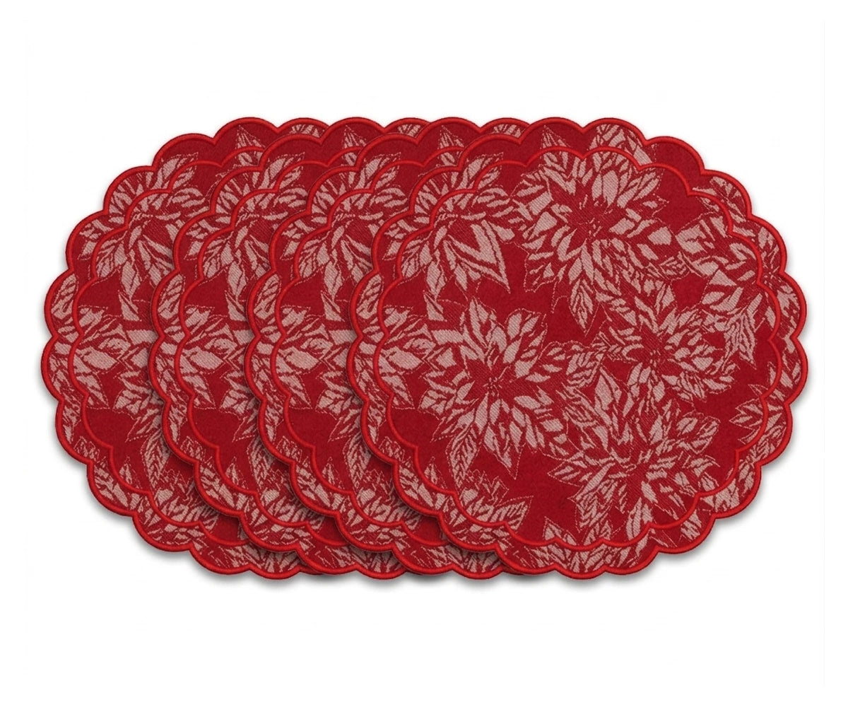 White round damask placemats with red scalloped border, cotton jacquard dining table placemats for weddings and festive gatherings White round damask placemats with red scalloped border, cotton jacquard dining table placemats for weddings and festive gatherings