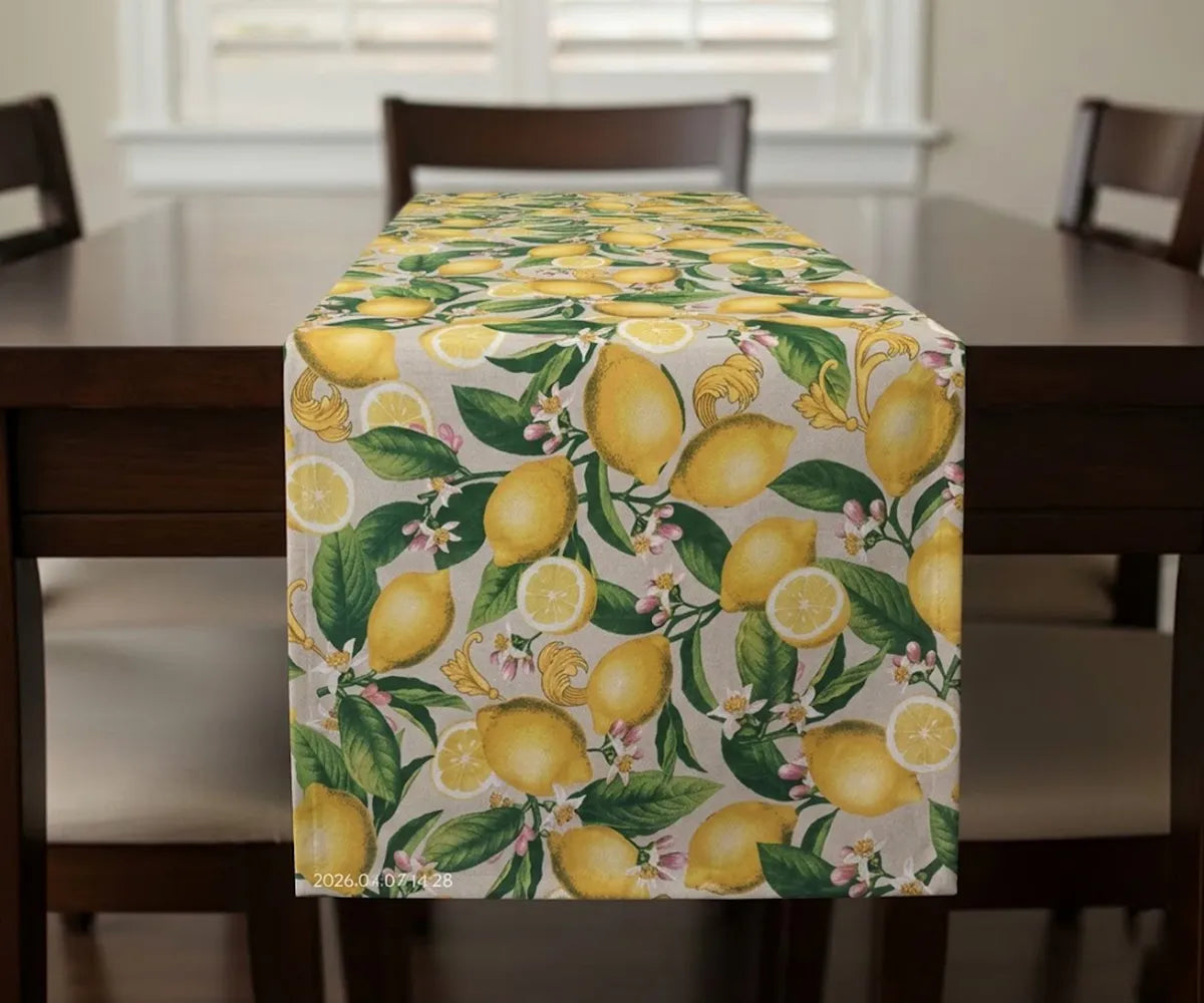 Cotton table runner with vibrant yellow lemon print on a light background, featuring a fresh citrus pattern ideal for kitchen or dining table decor, perfect for summer and farmhouse-style settings.Select 69 more words to run Humanizer. Cotton table runner with vibrant yellow lemon print on a light background, featuring a fresh citrus pattern ideal for kitchen or dining table decor, perfect for summer and farmhouse-style settings.Select 69 more words to run Humanizer.
