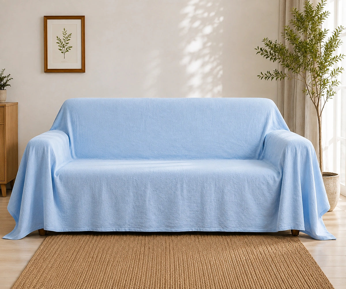 Light blue cotton linen blend couch cover creates an airy, relaxed feel while helping protect sofas from dust, pet hair, spills, and daily wear Light blue cotton linen blend couch cover creates an airy, relaxed feel while helping protect sofas from dust, pet hair, spills, and daily wear