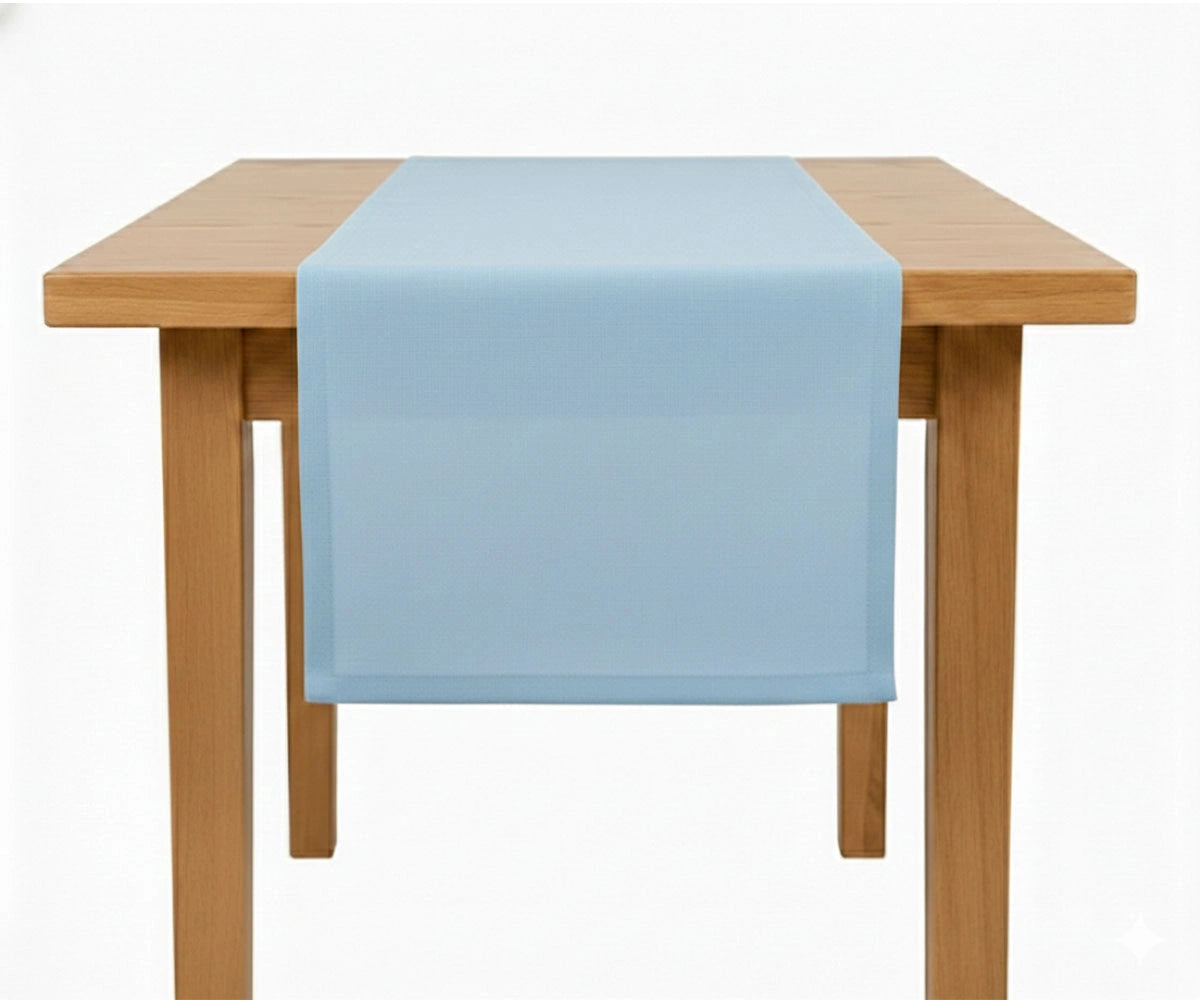 Light blue cotton linen blend table runner featuring a solid clean design, reusable table runner for dining tables, brunches, and special occasions Light blue cotton linen blend table runner featuring a solid clean design, reusable table runner for dining tables, brunches, and special occasions