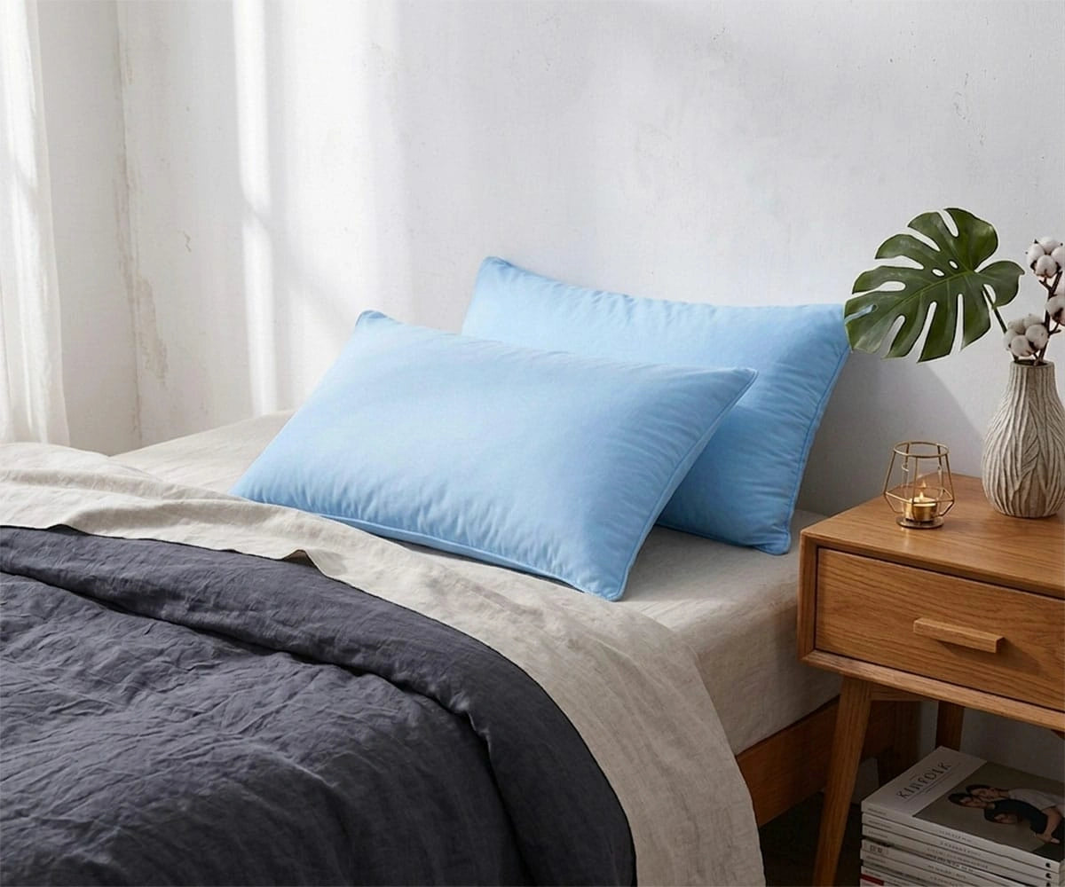 Soft light blue cotton pillowcases on a modern bed with breathable bedding, luxury cotton pillowcases for comfortable bedroom decor Soft light blue cotton pillowcases on a modern bed with breathable bedding, luxury cotton pillowcases for comfortable bedroom decor