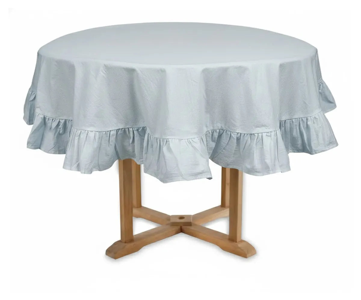 Light blue ruffled cotton tablecloth for round table, airy farmhouse and coastal table setting Light blue ruffled cotton tablecloth for round table, airy farmhouse and coastal table setting