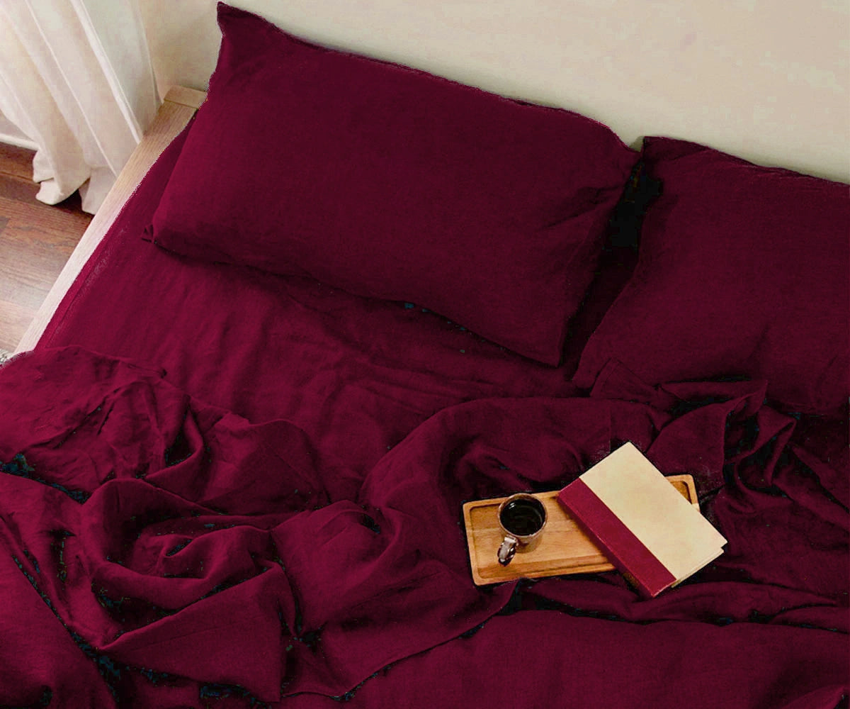 Burgundy linen sheet set made from 100% linen, soft breathable bedding set with fitted sheet, flat sheet and pillowcases for comfortable year-round sleep Burgundy linen sheet set made from 100% linen, soft breathable bedding set with fitted sheet, flat sheet and pillowcases for comfortable year-round sleep