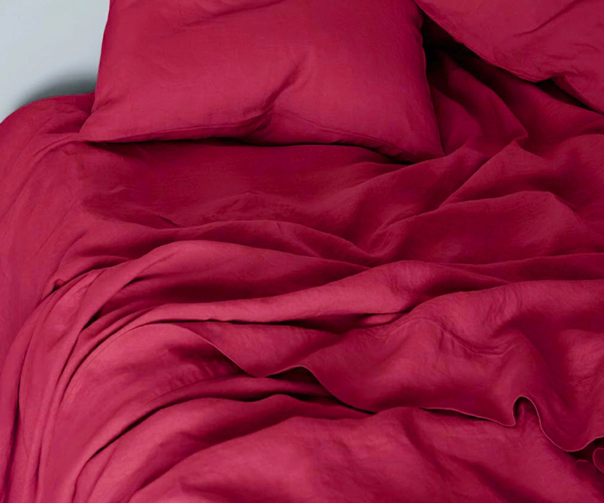 Cherry red 100% European linen sheets with deep pocket fitted sheet, available in king, queen, twin, and California king sizes Cherry red 100% European linen sheets with deep pocket fitted sheet, available in king, queen, twin, and California king sizes