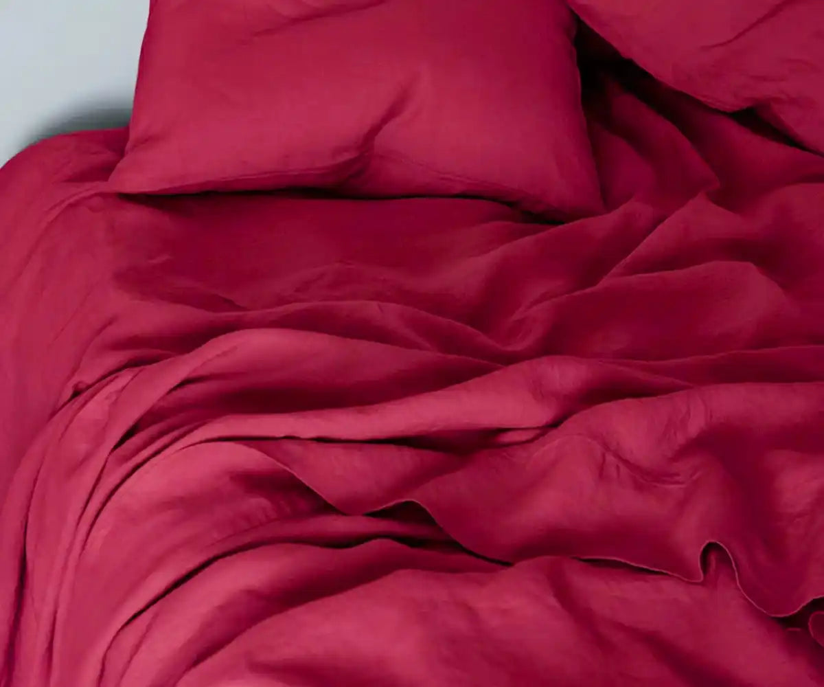 Cherry red 100% European linen sheets with deep pocket fitted sheet, available in cherry red sheets king, queen, twin, and California king sizes red linen bedding Cherry red 100% European linen sheets with deep pocket fitted sheet, available in cherry red sheets king, queen, twin, and California king sizes red linen bedding