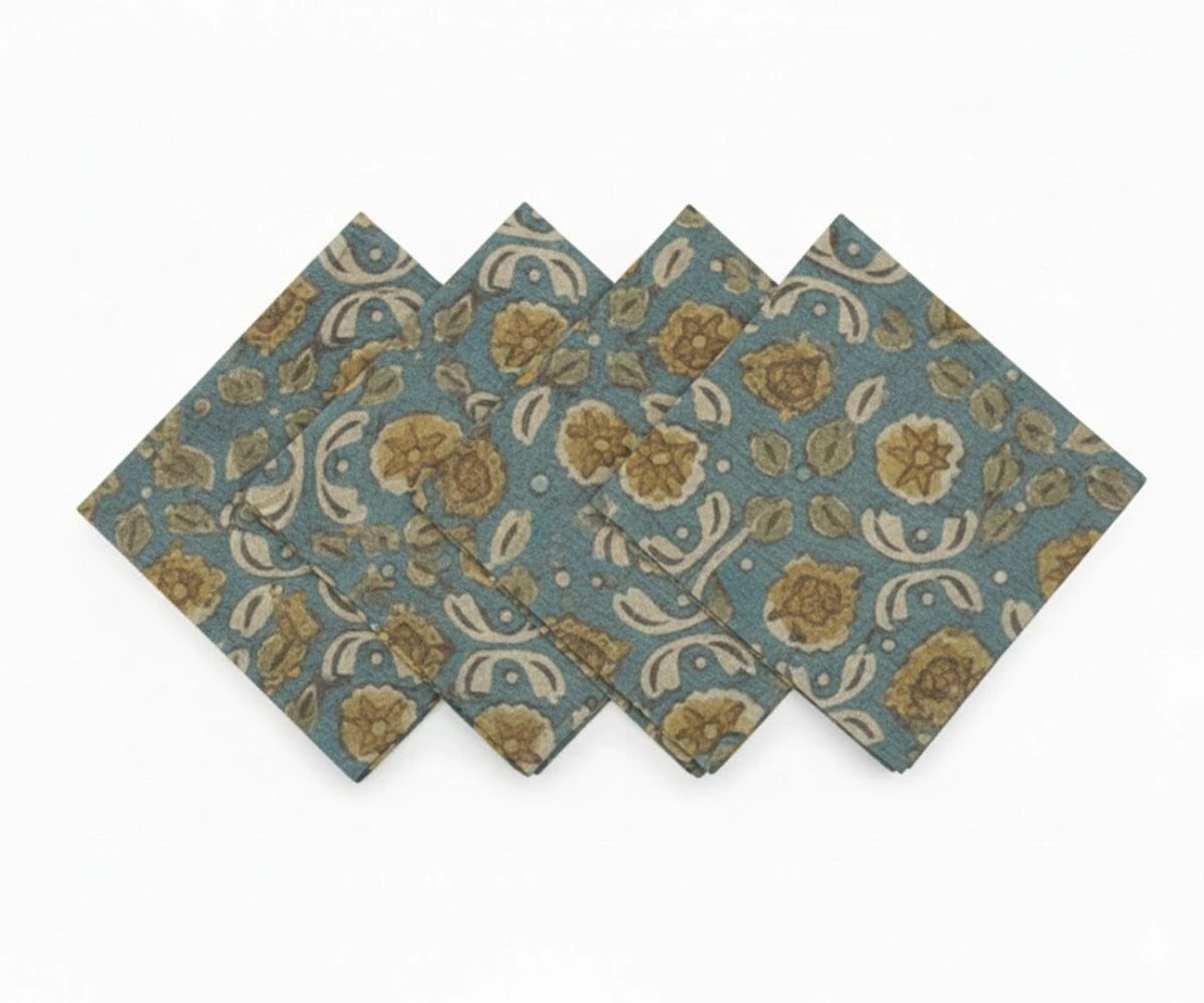 Blue and mustard floral block print cotton napkins, set of patterned reusable cloth dinner napkins Blue and mustard floral block print cotton napkins, set of patterned reusable cloth dinner napkins