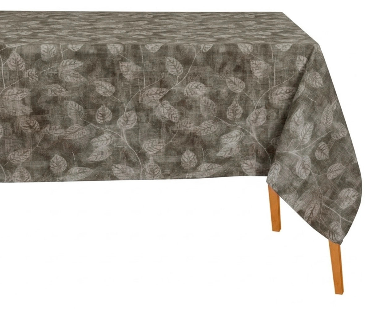 Elegant printed rectangle linen tablecloth with botanical pattern displayed on a dining table Elegant printed rectangle linen tablecloth with botanical pattern displayed on a dining table