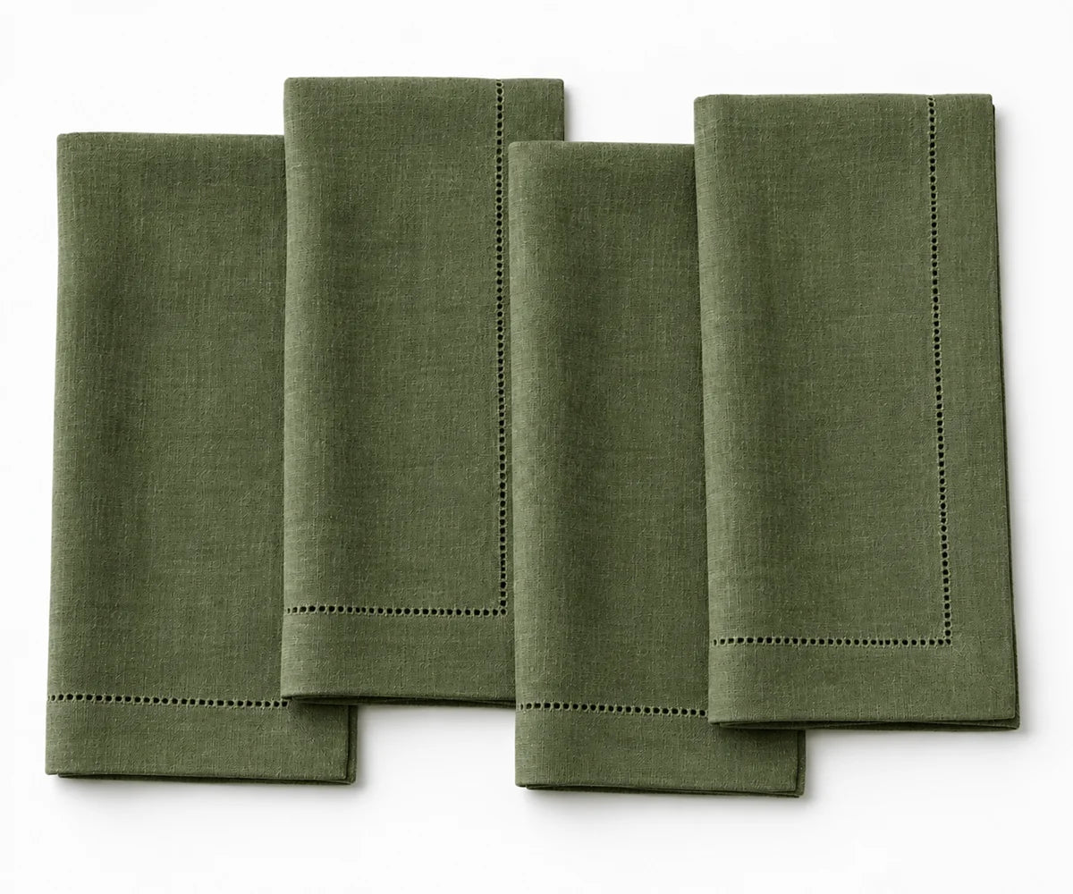 Olive green 100% linen hemstitch napkins with mitered corners, reusable cloth napkins for dining and special occasions Olive green 100% linen hemstitch napkins with mitered corners, reusable cloth napkins for dining and special occasions