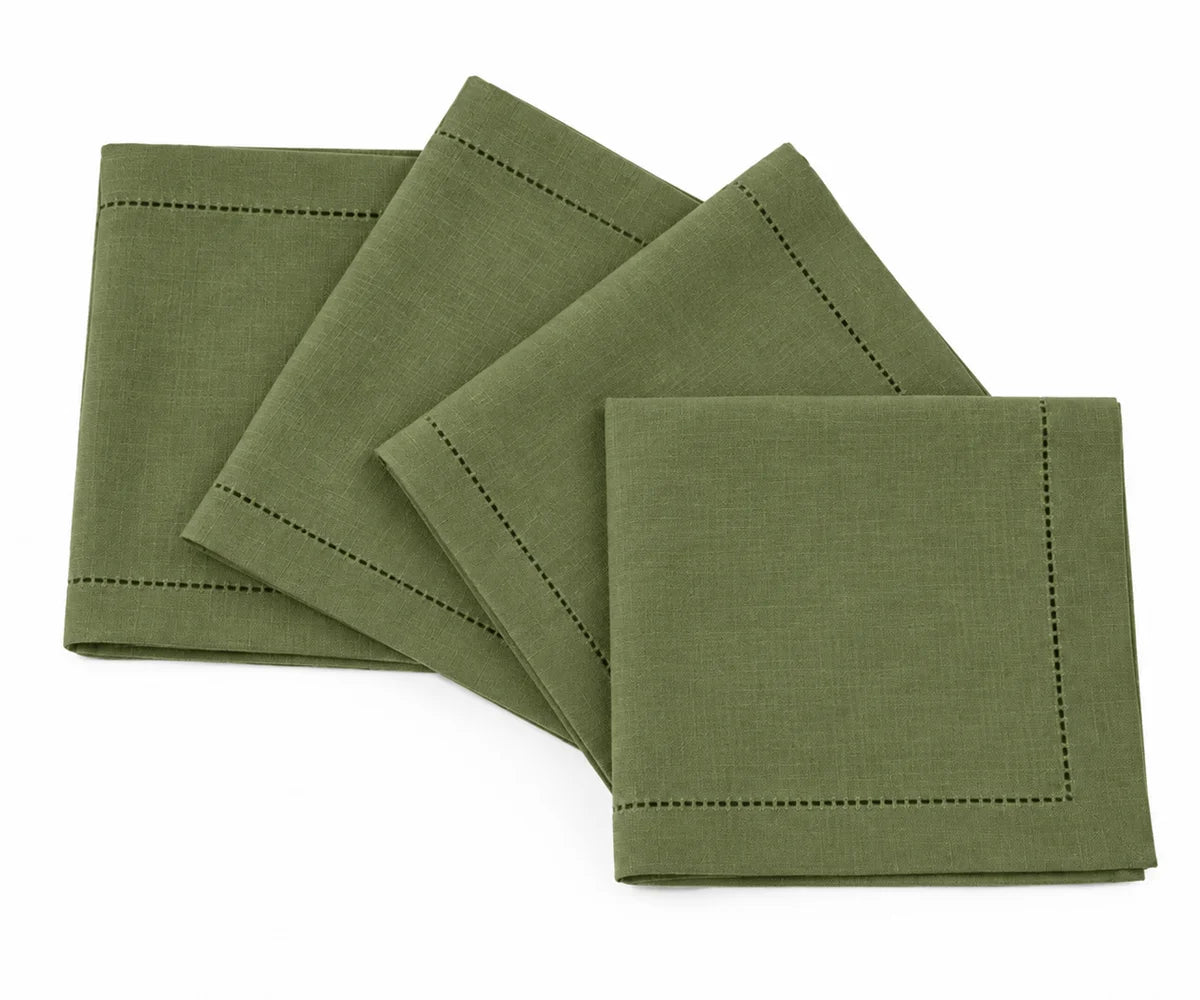 Olive green linen cocktail napkins with hemstitched border, reusable cloth napkins for weddings, dinner parties, and everyday entertaining Olive green linen cocktail napkins with hemstitched border, reusable cloth napkins for weddings, dinner parties, and everyday entertaining