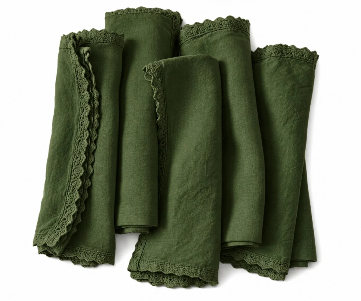 Olive green linen lace dinner napkins with delicate edging for elegant dining table decor Olive green linen lace dinner napkins with delicate edging for elegant dining table decor
