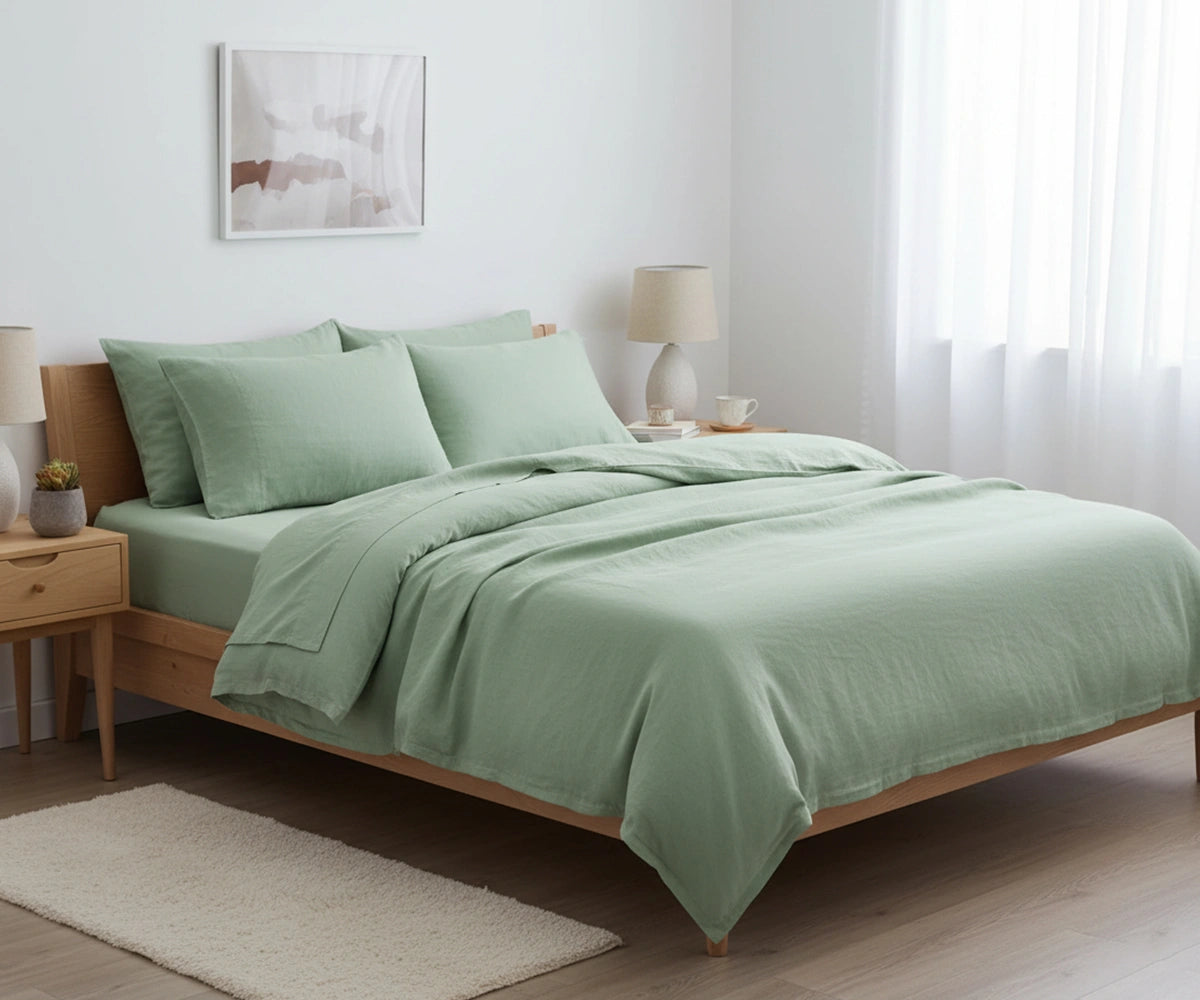 Plain matcha green bedding set with a soft, calming finish for a modern bedroom look. Plain matcha green bedding set with a soft, calming finish for a modern bedroom look.