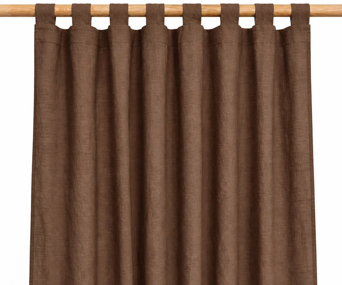 Chocolate brown linen window curtains with fabric tab loops, 100% linen drapes for warm rustic interiors, farmhouse bedrooms, and cozy living rooms. Chocolate brown linen window curtains with fabric tab loops, 100% linen drapes for warm rustic interiors, farmhouse bedrooms, and cozy living rooms.