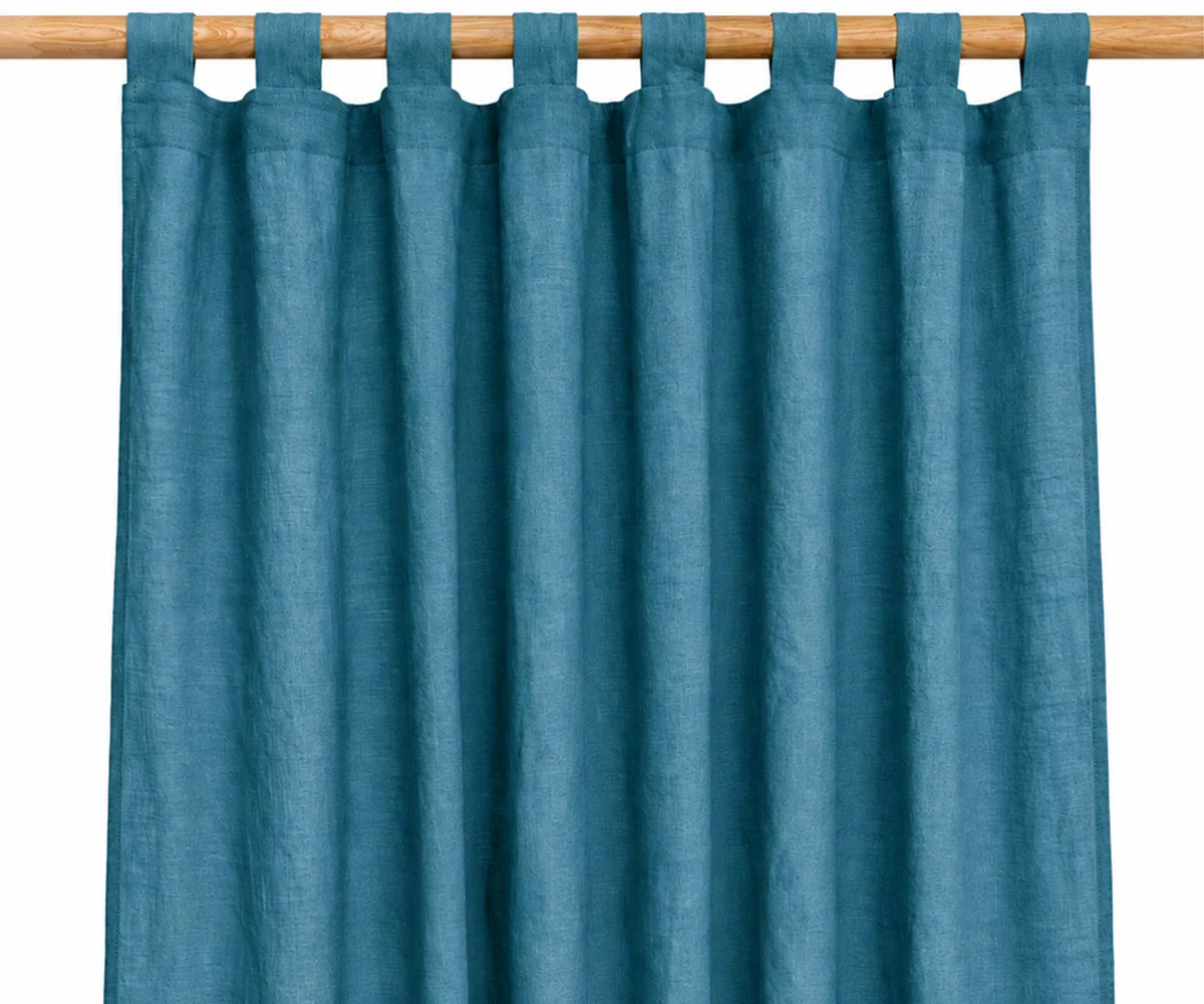 Teal linen curtains with convenient tab top loops, decorative window panels for modern bedrooms, living rooms, and colorful coastal-inspired interiors Teal linen curtains with convenient tab top loops, decorative window panels for modern bedrooms, living rooms, and colorful coastal-inspired interiors