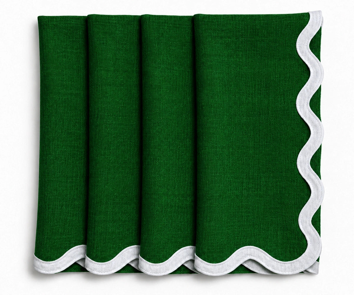 Green linen scalloped napkins with white embroidered edge, European linen cloth dinner napkins for farmhouse, holiday, and everyday table settings. Green linen scalloped napkins with white embroidered edge, European linen cloth dinner napkins for farmhouse, holiday, and everyday table settings.