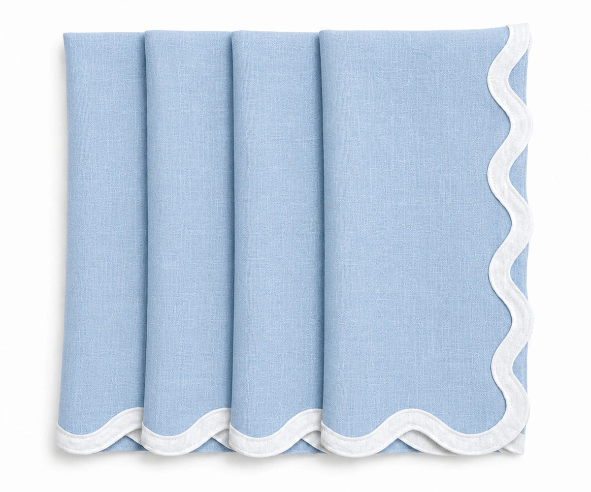 Light blue linen scalloped napkins with white embroidered border, premium European linen scalloped edge napkins for weddings and everyday dining. Light blue linen scalloped napkins with white embroidered border, premium European linen scalloped edge napkins for weddings and everyday dining.