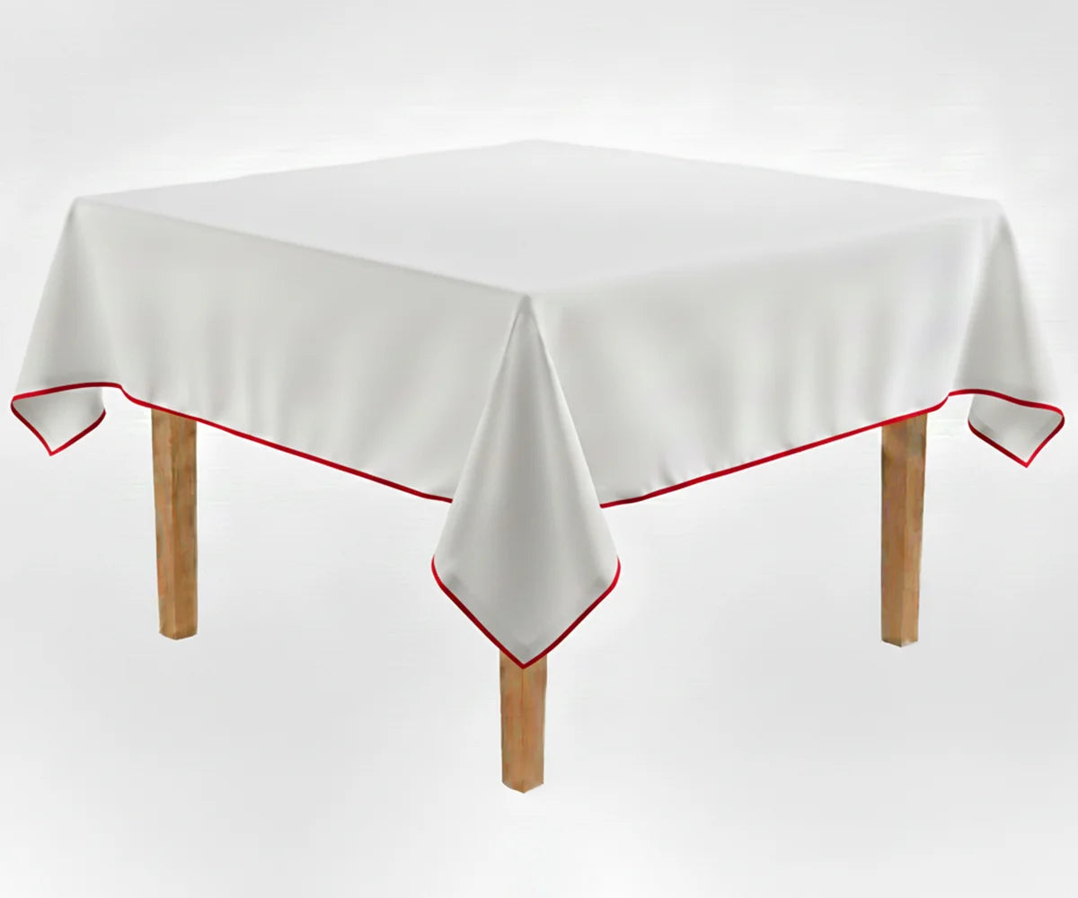 White dining tablecloth with Magenta piping trim
White dining tablecloth with Magenta piping trim