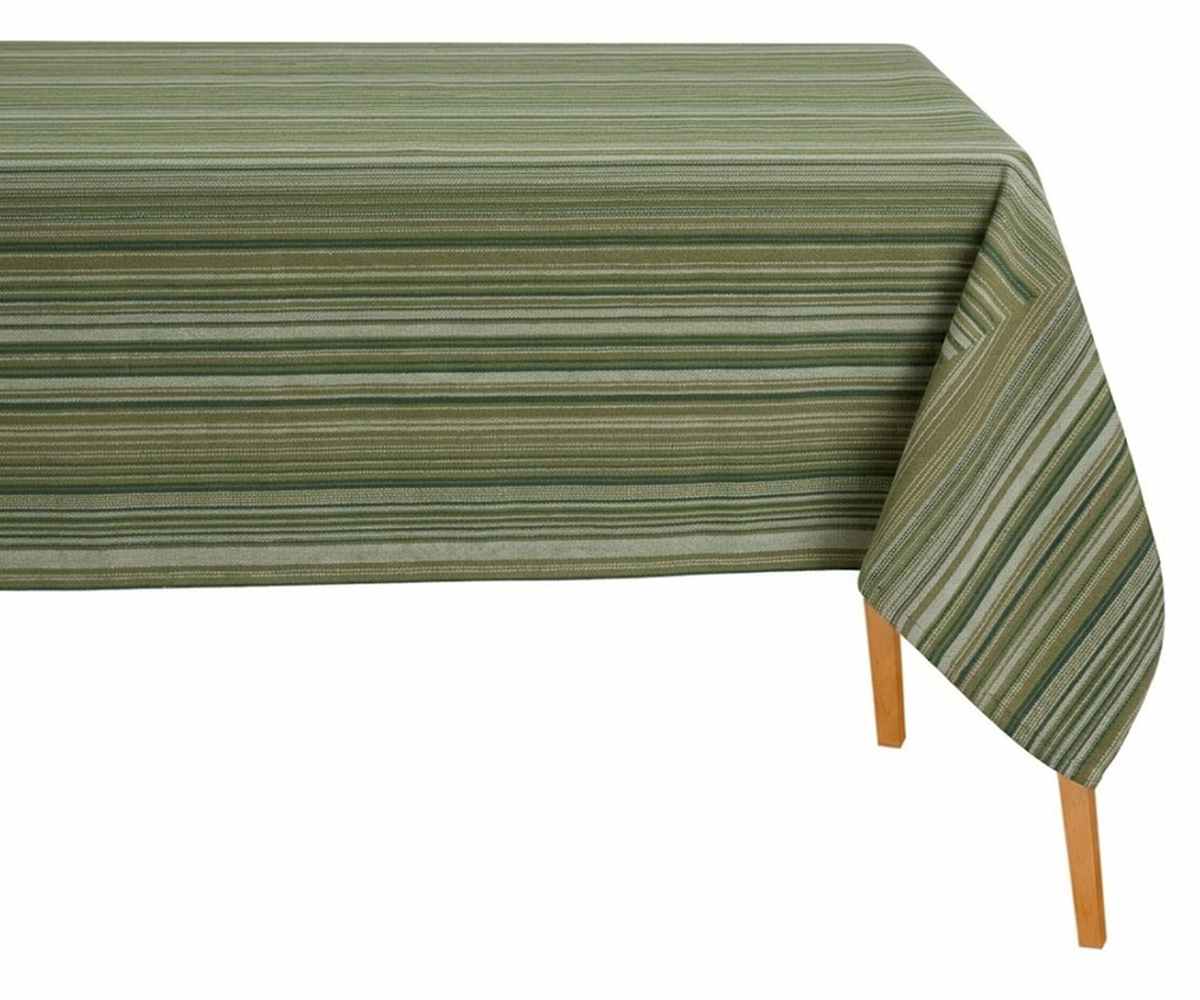 Green multi stripe cotton tablecloth on farmhouse dining table, reusable striped cotton table cover for indoor and outdoor meals Green multi stripe cotton tablecloth on farmhouse dining table, reusable striped cotton table cover for indoor and outdoor meals