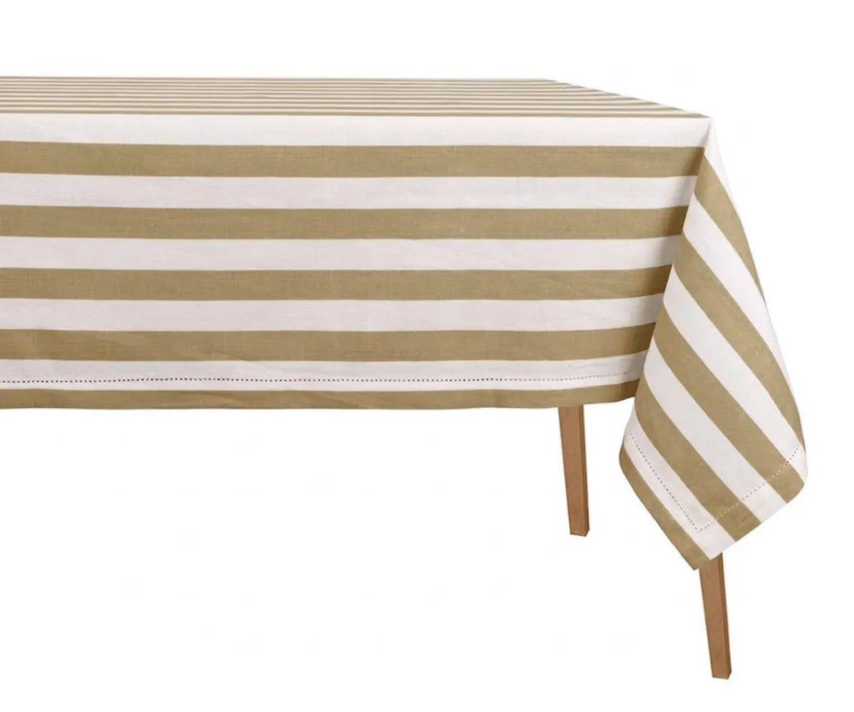 Cotton linen blend striped tablecloth styled on a long rectangle dining table for everyday use Cotton linen blend striped tablecloth styled on a long rectangle dining table for everyday use