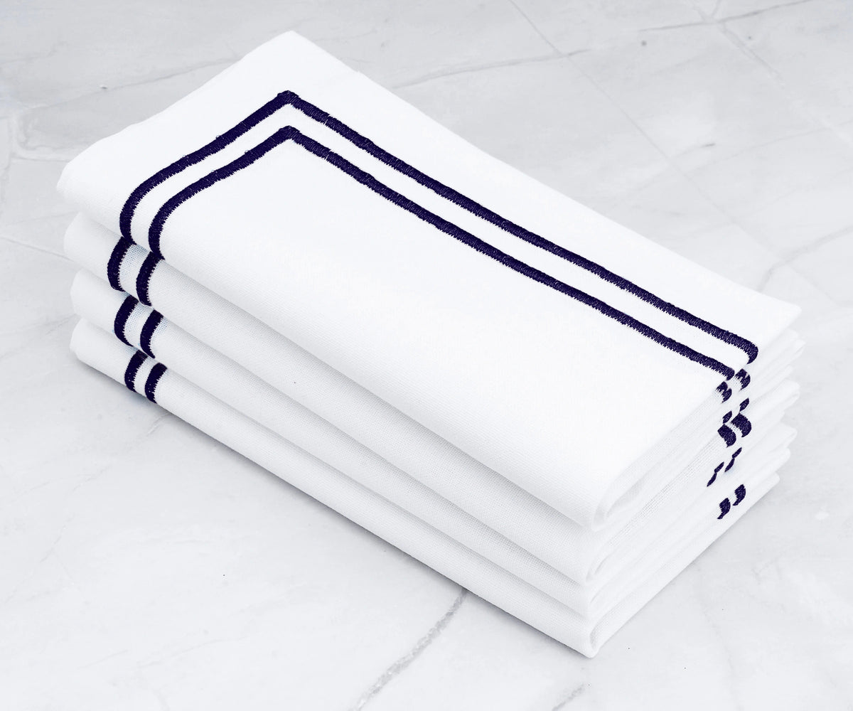 Navy blue double line embroidery cotton dinner napkins, reusable embroidered cloth napkins for elegant table settings and special occasions Navy blue double line embroidery cotton dinner napkins, reusable embroidered cloth napkins for elegant table settings and special occasions