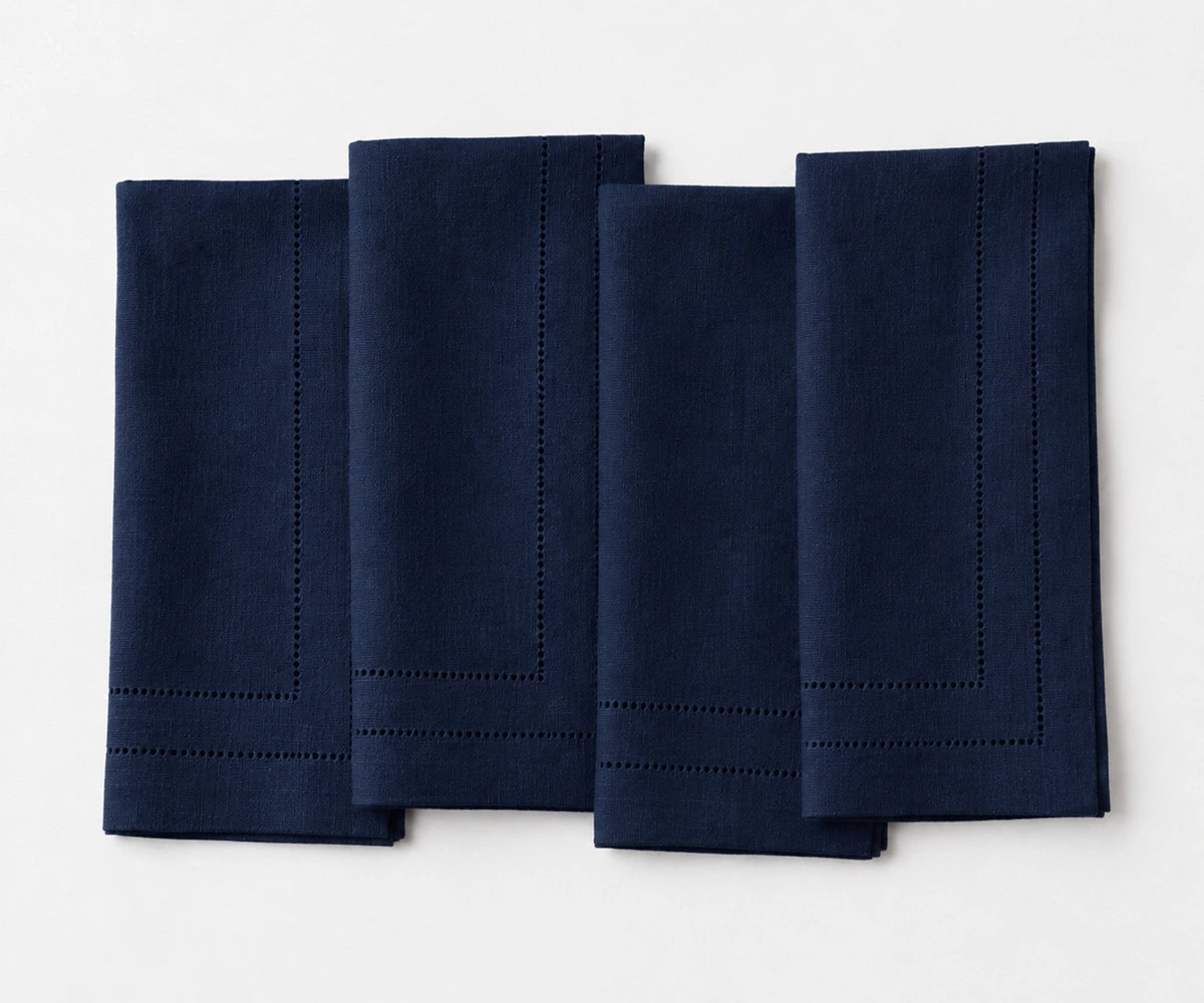 Navy blue linen napkins with double hemstitch, elegant cloth dinner napkins for weddings, restaurants, holiday dining, and special occasions. Navy blue linen napkins with double hemstitch, elegant cloth dinner napkins for weddings, restaurants, holiday dining, and special occasions.