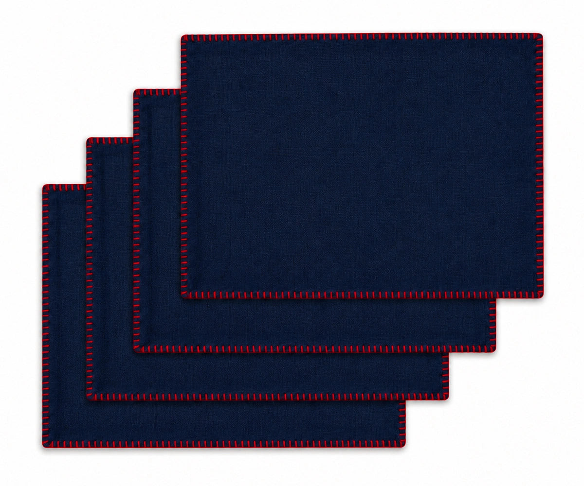 Navy Blue with Red Stitch Cotton Table Placemats, reusable rectangle placemats for modern and coastal dining décor Navy Blue with Red Stitch Cotton Table Placemats, reusable rectangle placemats for modern and coastal dining décor