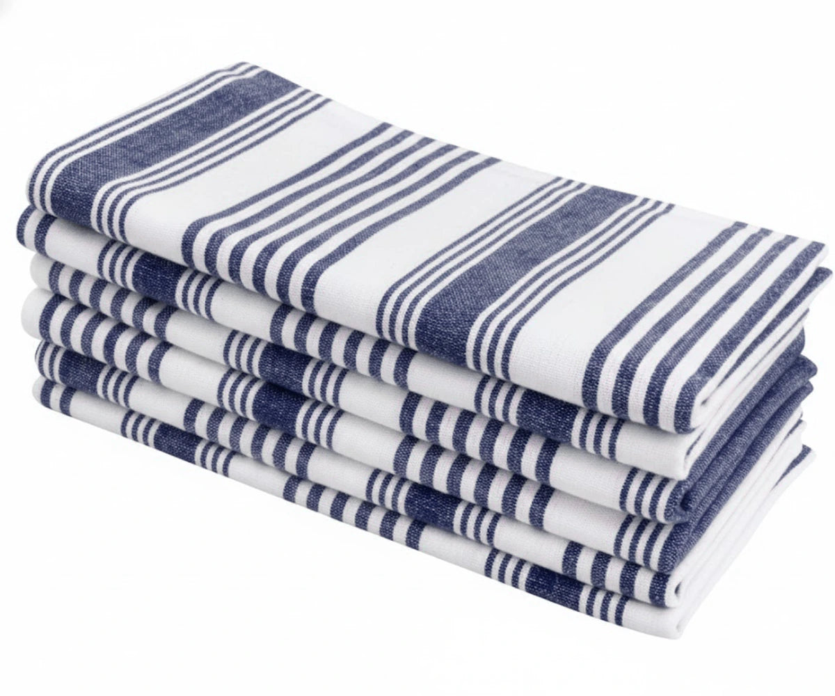 Stacked blue striped cotton dining napkins Stacked blue striped cotton dining napkins