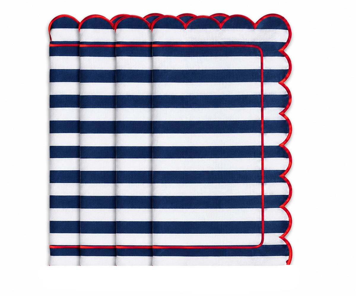 Navy white cabana stripe scalloped cloth napkin with red edging for nautical table settings and summer entertaining Navy white cabana stripe scalloped cloth napkin with red edging for nautical table settings and summer entertaining