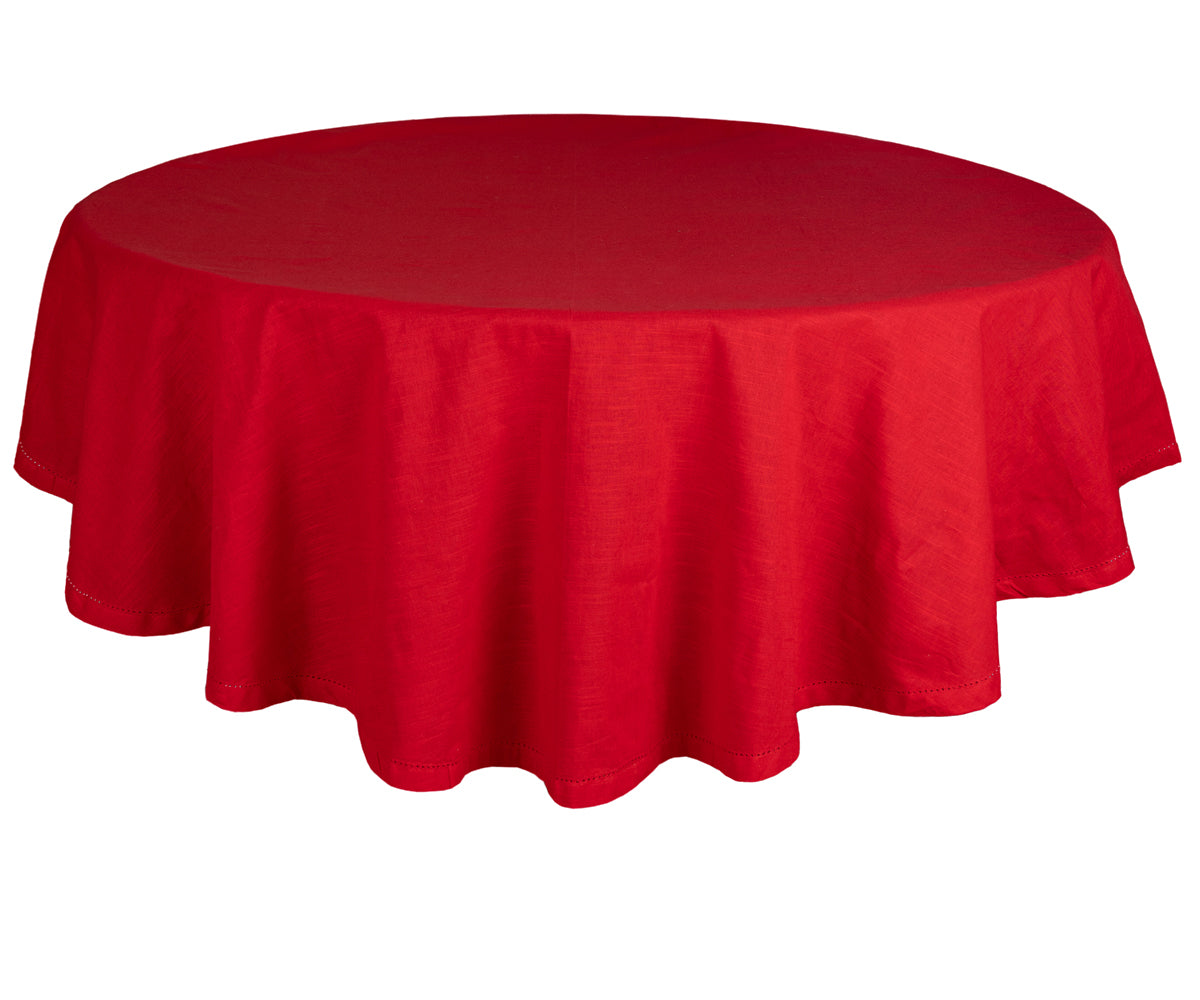 A vibrant red, cotton round tablecloth with ideal for formal dining. A vibrant red, cotton round tablecloth with ideal for formal dining.