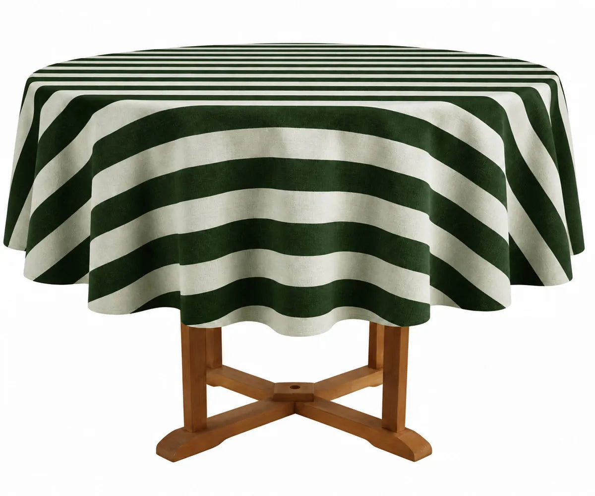 Olive Green Cotton Linen Cabana Striped Round Tablecloth for Farmhouse Dining, Outdoor Parties, and Everyday Table Decor Olive Green Cotton Linen Cabana Striped Round Tablecloth for Farmhouse Dining, Outdoor Parties, and Everyday Table Decor