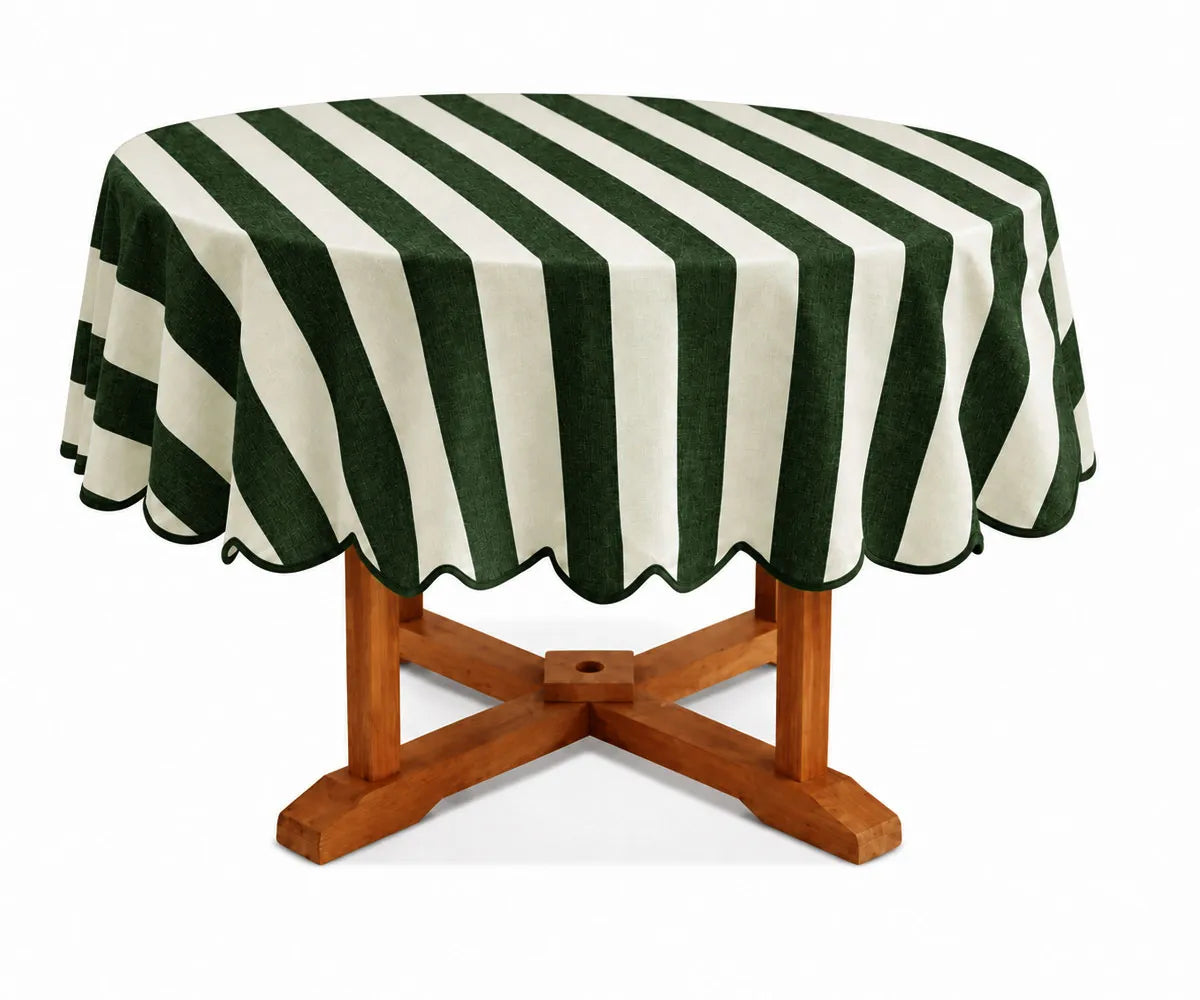 Olive Green Cotton Linen Cabana Striped Scalloped Round Tablecloth for Farmhouse Dining, Garden Parties, and Seasonal Table Decor Olive Green Cotton Linen Cabana Striped Scalloped Round Tablecloth for Farmhouse Dining, Garden Parties, and Seasonal Table Decor