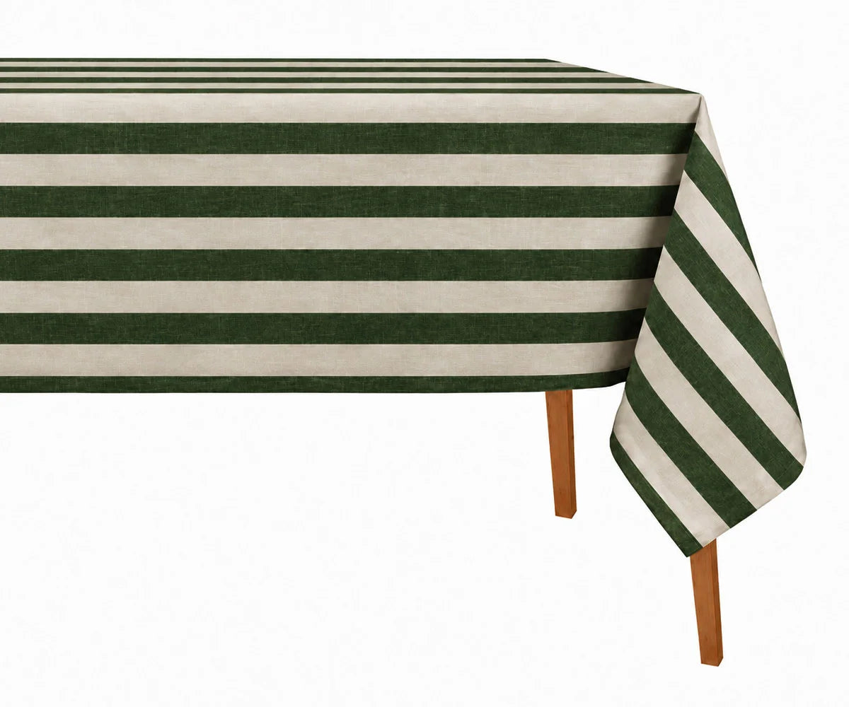 Coastal-inspired cotton linen striped tablecloth adding a relaxed and elegant touch to dining room décor Coastal-inspired cotton linen striped tablecloth adding a relaxed and elegant touch to dining room décor