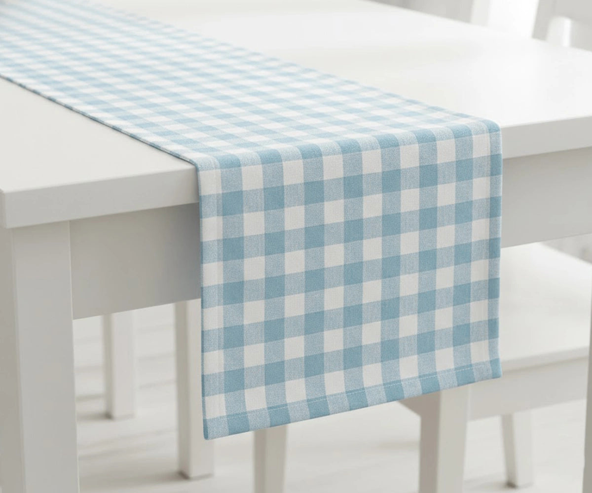Light blue and white checkered cotton table runner Light blue and white checkered cotton table runner