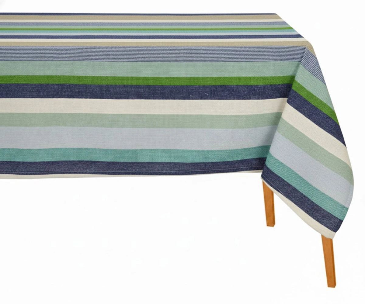 Multicolor bold striped cotton tablecloth for vibrant summer tablescape, Rectangular cotton picnic table cover with classic woven stripe pattern Multicolor bold striped cotton tablecloth for vibrant summer tablescape, Rectangular cotton picnic table cover with classic woven stripe pattern