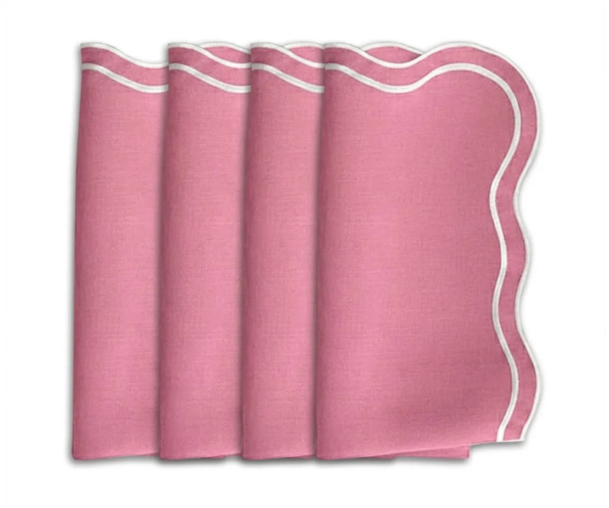Soft peony pink scalloped cotton dinner napkins styled on an elegant wedding table with romantic peony-inspired table decor. Soft peony pink scalloped cotton dinner napkins styled on an elegant wedding table with romantic peony-inspired table decor.
