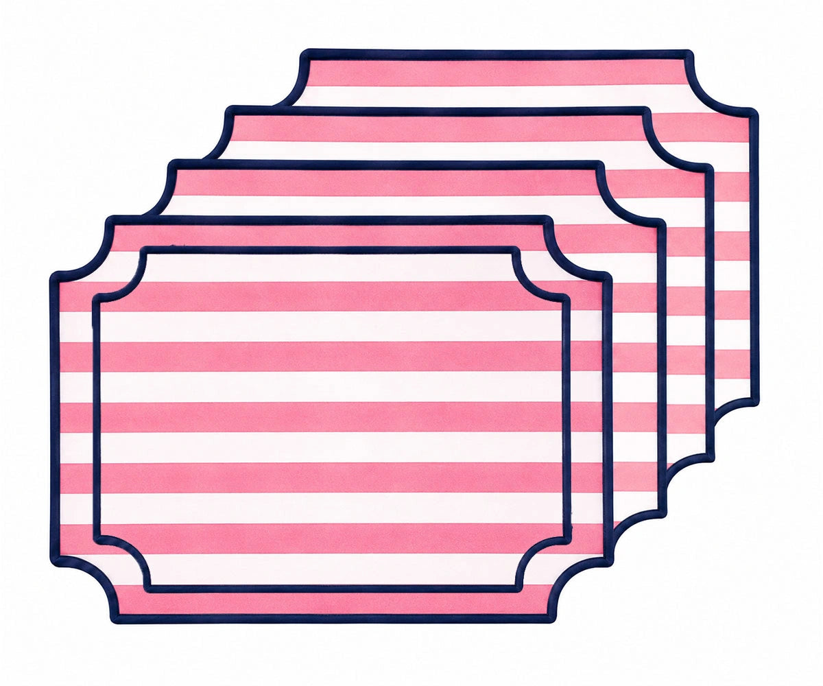 Peony pink and white striped cotton placemats with navy blue piping, stylish washable placemats for dining table decor Peony pink and white striped cotton placemats with navy blue piping, stylish washable placemats for dining table decor