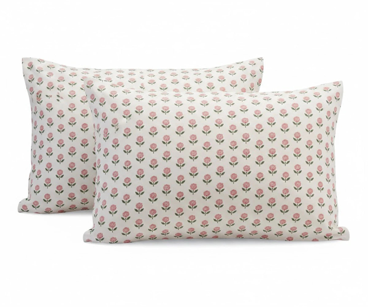 Percale printed linen sheet set with matching pillowcases in pink floral design, lightweight and moisture-wicking Percale printed linen sheet set with matching pillowcases in pink floral design, lightweight and moisture-wicking