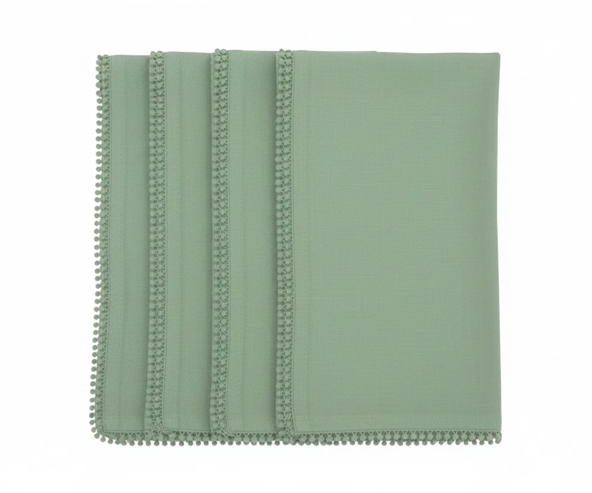 Sage green cotton pom pom napkins with knotted edge for farmhouse and boho table décor Sage green cotton pom pom napkins with knotted edge for farmhouse and boho table décor